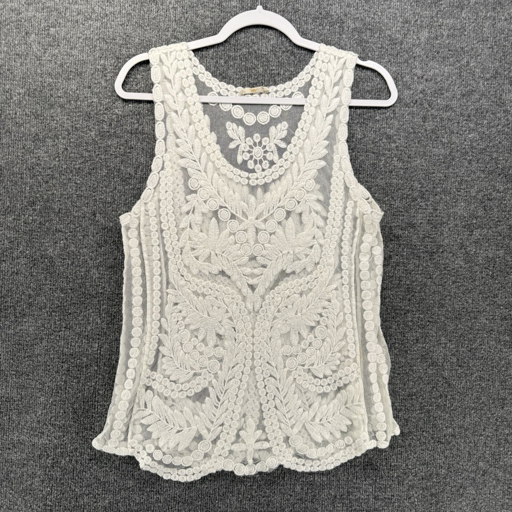 Womens Y2K Top Size M White Lace Tank Sheer Fairycore Hippie Boho Cottage Casual